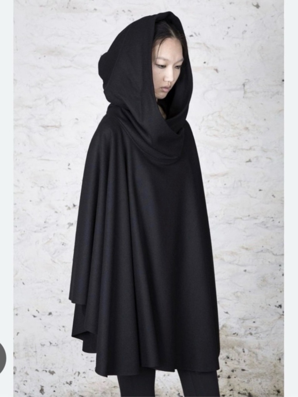 Ovate black wool hooded cape - one size and unisex